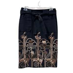 Nanette Lepore Women’s Black Pencil‎ Skirt With Belt Brown Embroidery Size 2